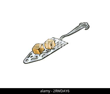 Spoon with cane sugar cubes for absinthe or tea. Label for retro poster. Engraved hand drawn vintage sketch. Woodcut style Stock Vector