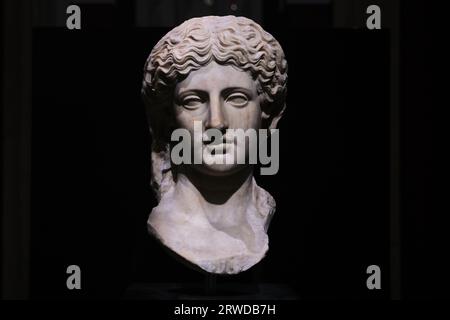 Istanbul, Turkey - September 16 2023: Marble head of a woman in Istanbul Archaeological Museums. Dates back to early Roman Period found in Tralles Stock Photo