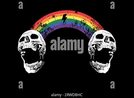 T-shirt design of two skulls joined by a rainbow. Vector illustration for gay pride day. Stock Vector