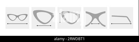Set of Glasses Size Chart measurement Eye frame fashion medical accessory illustration. Sunglass silhouette style, flat rim spectacles eyeglasses sketch style outline isolated on white background Stock Vector