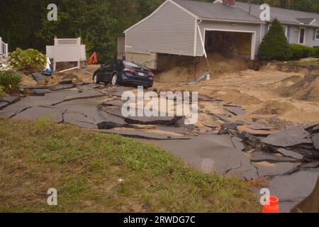 Leominster, MA, USA. 18th Sep, 2023. Raining again and one week after devastating floods and during clean up and home damage repairs the threat of flooding again threatens the Central Massachusetts city. (Credit Image: © Kenneth Martin/ZUMA Press Wire) EDITORIAL USAGE ONLY! Not for Commercial USAGE! Credit: ZUMA Press, Inc./Alamy Live News Stock Photo