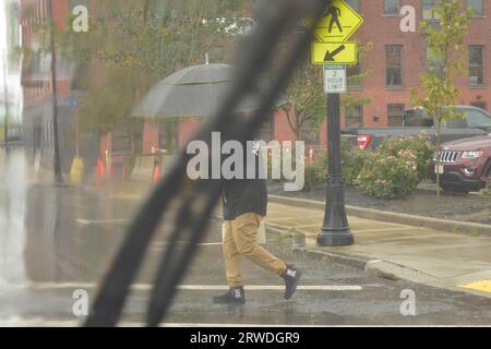 Leominster, MA, USA. 18th Sep, 2023. Raining again and one week after devastating floods and during clean up and home damage repairs the threat of flooding again threatens the Central Massachusetts city. (Credit Image: © Kenneth Martin/ZUMA Press Wire) EDITORIAL USAGE ONLY! Not for Commercial USAGE! Credit: ZUMA Press, Inc./Alamy Live News Stock Photo