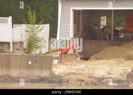 Leominster, MA, USA. 18th Sep, 2023. Raining again and one week after devastating floods and during clean up and home damage repairs the threat of flooding again threatens the Central Massachusetts city. (Credit Image: © Kenneth Martin/ZUMA Press Wire) EDITORIAL USAGE ONLY! Not for Commercial USAGE! Credit: ZUMA Press, Inc./Alamy Live News Stock Photo