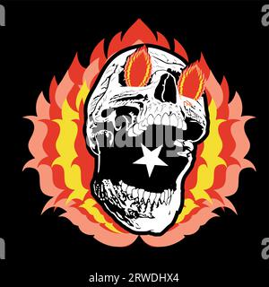 Burning skull t-shirt design isolated on black. Demonic character vector illustration Stock Vector