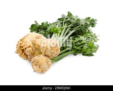 Fresh raw celery roots with stalks isolated on white Stock Photo