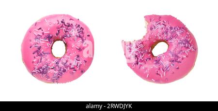 Whole and bitten tasty donuts with sprinkles isolated on white Stock Photo