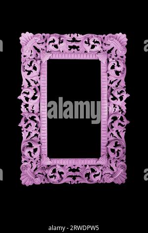 Gothic luxurious purple pink color concrete limestone floral wall frame template border style beautiful on black background Stock Photo