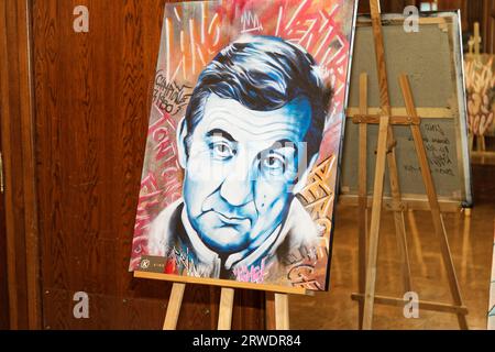 Aix-Les-Bains, France.6th June, 2023. The artist Kime exhibits his works during the French Film and Gastronomy Festival in Aix-les-Bains, France Stock Photo