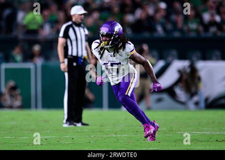 Minnesota Vikings wide receiver K.J. Osborn (17) runs up field during the  second half of an NFL football game against the Philadelphia Eagles,  Monday, Sept. 19, 2022, in Philadelphia. (AP Photo/Chris Szagola