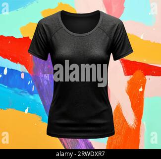 Tshirt Black Woman, Template Shirt Front Back Isolated Blank Female Mockup, Textile Realistic Clothes with Colorful Background Stock Vector