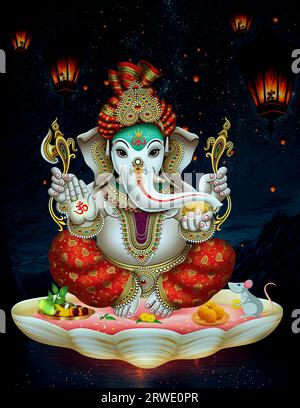 Lord Ganesha with colorful background, God Ganesha poster design for wallpaper, vinayaka chavithi, Indian god ganesha. Stock Photo