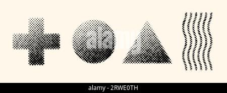 Halftone geometric shapes set. Dotted cross, circle, triangle and waves elements with gradient. Black textured objects for banner, poster, collage, flyer, booklet, brochure. Vector collection Stock Vector