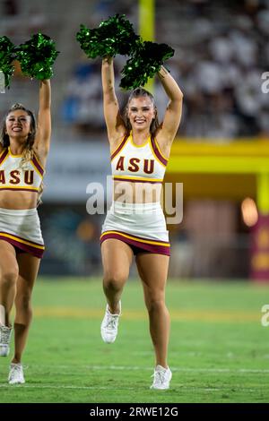 Arizona State Sun Devils cheerleaders perform a dance routine during the fourth quarter of a NCAA Football game against the Oklahoma State Cowboys, Saturday, Sept. 10, 2023, in Tempe, Arizona. Oklahoma State defeated Arizona State 27-15. (Marcus Wilkins/Image of Sport) Stock Photo