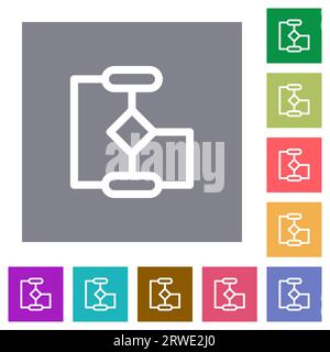 Flow chart outline flat icons on simple color square backgrounds Stock Vector