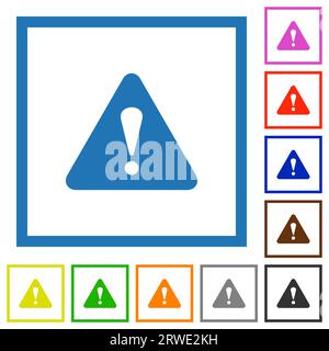 Triangle shaped warning sign flat color icons in square frames on white background Stock Vector