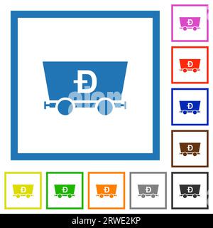 Dogecoin criptocurrency mining flat color icons in square frames on white background Stock Vector