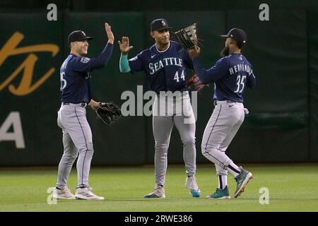 Seattle Mariners Teoscar Hernandez swings through while batting against the  Colorado Rockies during the third inning of a baseball game, Friday, April  14, 2023, in Seattle. (AP Photo/John Froschauer Stock Photo - Alamy