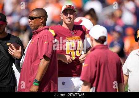 Washington Commanders long snapper Camaron Cheeseman (54) completes a drill  before NFL Preseason game between the Carolina Panthers vs the Washington  Commanders at FedEx Field in Landover, MD, on Aug. 13, 2022.