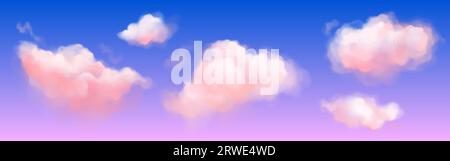Pink soft fluffy clouds on violet-blue gradient sky. Realistic vector illustration set of magic and dream pastel cumulus looks like candy cotton. Abstract smoke or fog cute fantasy fairy shapes. Stock Vector