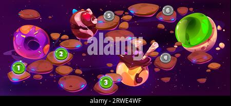 Candy space game level map ui illustration vector. Chocolate background with food planet for fantasy mobile app platform plan cartoon design. Sweet cake and donut galaxy system environment landscape Stock Vector