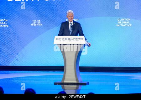 New York, United States. 18th Sep, 2023. Former President Bill Clinton speaks during the Clinton Global Initiative (CGI) meeting at the Hilton Midtown in New York City. The 2023 CGI meeting will focus on ways to help address climate change, health care issues, gender-based violence, the war in Ukraine and other issues. The two day event welcomes leaders in politics, business and philanthropy to work on potential solutions to global issues. Credit: SOPA Images Limited/Alamy Live News Stock Photo