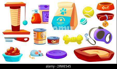 Set of petshop goods isolated on white background. Vector cartoon illustration of cat and dog bowls, soft bed, leash, collar, toy mouse, pet box filler in paper bag, food in cans and package, brush Stock Vector