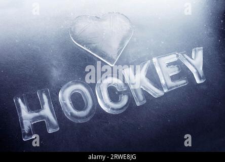 A Heart shape and word hockey made of real ice Stock Photo