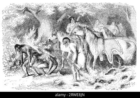 Cheyenne Native Americans tracking their enemy. Engraving by unknown artist from Ernst von Hesse-Warteggs Nord Amerika, swedish edition published in Stock Photo