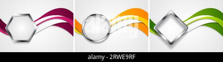 Bright waves and silver metallic geometric shapes corporate backgrounds set. Vector hi-tech graphic design Stock Vector