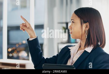 Virtual design, point and professional woman rendering project, app development or digital transformation. UI panel, profile and web designer working Stock Photo