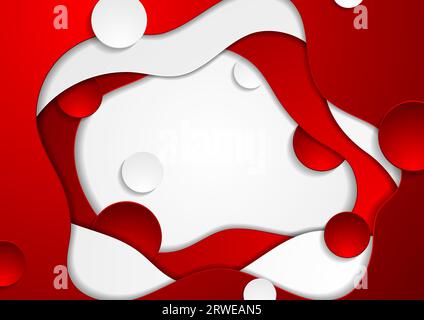 Contrast red and white curved liquid waves pattern. Abstract corporate wavy background with circles. Vector design Stock Vector