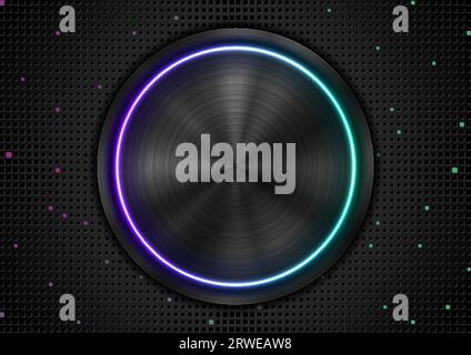 Technology abstract background with stylish button. Black metal texture and blue purple neon light. Dark perforated backdrop with halftone squares. Ve Stock Vector