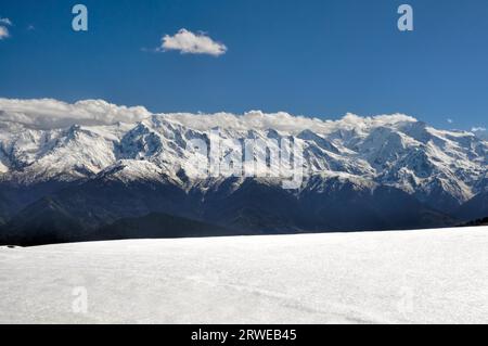 Panoramic view of peaks of Caucasus Mountains covered in snow, Svaneti Province Stock Photo