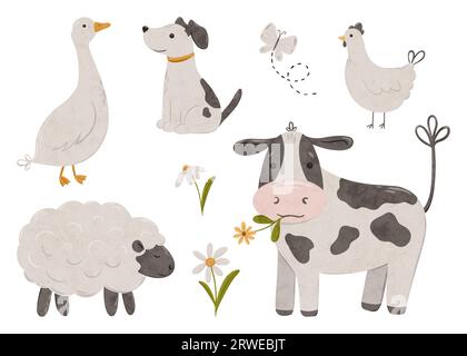 Cute farm animals collection, flat animal illustration, cow, sheep, chicken, dog, goose, butterfly and daisy. Cartoon characters for kids isolated Stock Photo