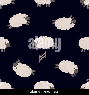 Seamless pattern with Cute cartoon baby Sheep jumping over the fence. Good night. Counting sheep for insomnia. Endless background in scandinavian Stock Photo