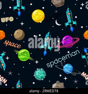 Space Seamless pattern planets, rockets and stars retro Stock Vector