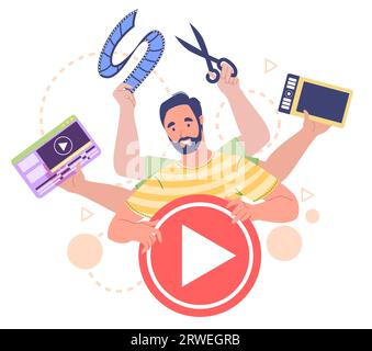 Multitasking motion designer using different tools for video creation Stock Vector