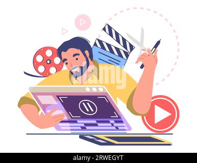 Creative man motion designer working on video content Stock Vector