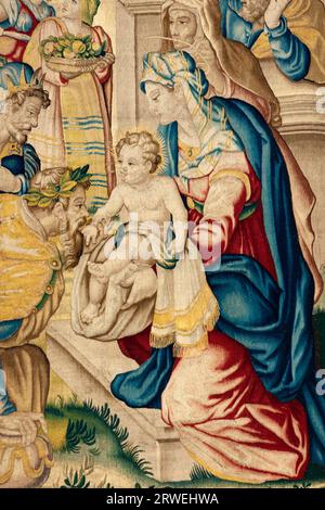 Adoration of the Magi, depicted on a tapestry, in the Basilioka Santa Maria Maggiore in Bergmo Stock Photo