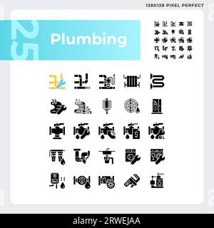 Pixel perfect glyph style plumbing icons set Stock Vector