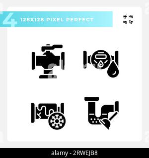 Pixel perfect glyph style plumbing icons set Stock Vector