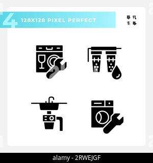 Pixel perfect glyph style plumbing solid icons set Stock Vector