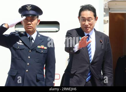 Tokyo, Japan. 19th Sep, 2023. Japanese Prime Minister Fumio Kishida (R) leaves the Tokyo International Airport to New York as he attends the United Nations General Assembly on Tuesday, September 19, 2023. (photo by Yoshio Tsunoda/AFLO) Stock Photo