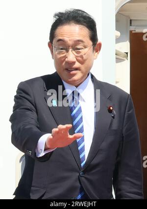 Tokyo, Japan. 19th Sep, 2023. Japanese Prime Minister Fumio Kishida leaves the Tokyo International Airport to New York as he attends the United Nations General Assembly on Tuesday, September 19, 2023. (photo by Yoshio Tsunoda/AFLO) Stock Photo