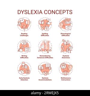 Editable red line icon set for dyslexia Stock Vector