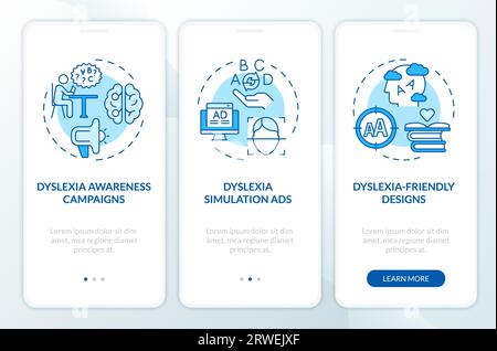 2D walkthrough dyslexia with blue icons concept Stock Vector