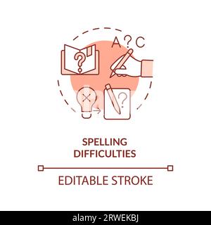 2D red line icon spelling difficulties concept Stock Vector