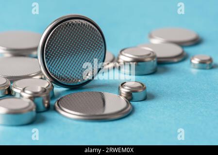 Close-up button cell battery, used in watch, computer and small electronic devices Stock Photo