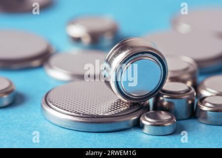 Close-up button cell battery, used in watch, computer and small electronic devices Stock Photo