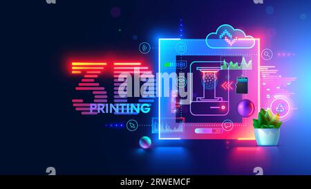 3d printing and additive technology banner. Icon 3d printer in tech neon frame in modern technology style. Additive technology conceptual banner. Home Stock Vector